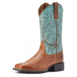 Ariat Ladies Round Up Brown Turquoise Floral Embrossed Western Boots