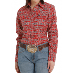 Cinch Ladies Long Sleeve Snap Red Navy Print Western Shirt