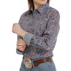 Cinch Ladies Long Sleeve Button Blue Paisley Print Western Shirt