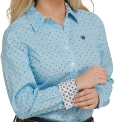 Cinch Ladies Light Blue Navy Print Button Down Western Shirt