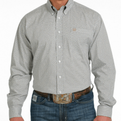 Cinch Men's White Khaki Geo Print Stretch Button Western Shirt