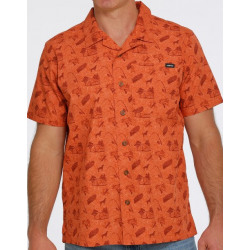 Cinch Men's Short Sleeve Orange Fishing Camp Button Shirt