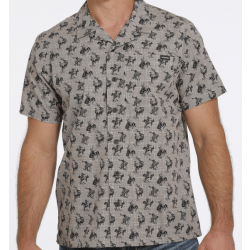 Cinch Men's Short Sleeve Stone Tan Cartoon Cowboy Print Button Shirt