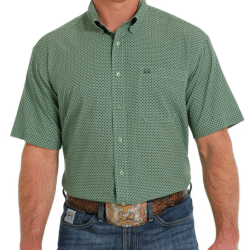 Cinch Men's Short Sleeve White Green Geo Print Arenaflex Button Down Shirt