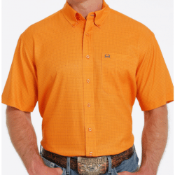 Cinch Men's Short Sleeve Orange Geo Print Arenaflex Button Down Shirt