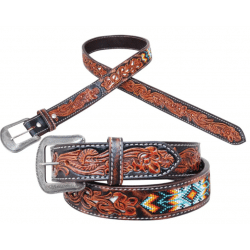 Circle Y Leather Tooled Tribal Beaded Inlay Belt