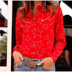 Cruel Ladies Long Sleeve Red Blue Star Print Snap Western Shirt