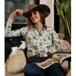 Cruel Ladies Green Bucking Horse Print Snap Western Shirt