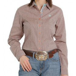 Cruel Ladies Multi Print Coral Long Sleeve Button Western Shirt