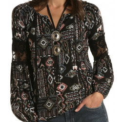 Panhandle Ladies Black Multi Colour Aztec Snap Western Shirt