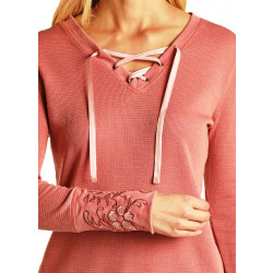 Panhandle Ladies Embroidered Lace Up Thermal Shirt Blush