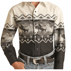 Panhandle Boy's Beige With Brown Cowboy Border Snap Western Shirt