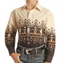 Panhandle Boy's Beige With Brown Aztec Border Snap Western Shirt