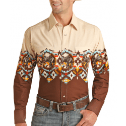 Panhandle Men's Long Sleeve Brown Aztec Border Snap Western Shirt