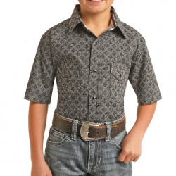Panhandle Boy's Short Sleeve Sliver Black Print Snap Western Shirt