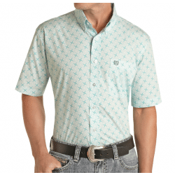 Panhandle Men's Short Sleeve Button Turquoise Print Western Shirt