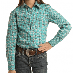 Panhandle Girls Long Sleeve Turquoise Geo Print Snap Western Shirt