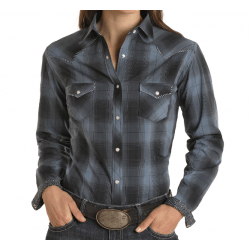 Panhandle Ladies Long Sleeve Snap Navy Black Plaid Western Shirt