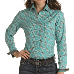 Panhandle Ladies Long Sleeve Snap Turquoise Print Western Shirt