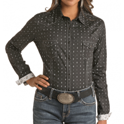 Panhandle Ladies Long Sleeve Snap Black Music Note Western Shirt