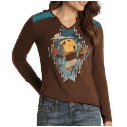 Panhandle Ladies Long Sleeve Desert Scene Brown Shirt
