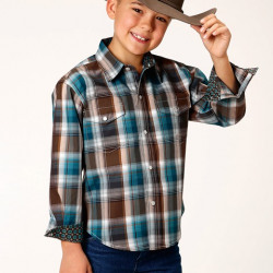 Roper Boy's Chocolate Blue Plaid Snap Western Shirt