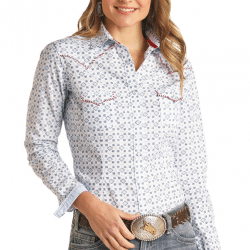 Roughstock Ladies White Print With Red Top Stitch Snap Western Shirt W