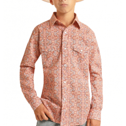Roughstock Boy's Orange White Print Long Sleeve Snap Western Shirt