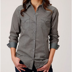 Roper Ladies Long Sleeve Snap Grey Tan Diamond Print Western Shirt