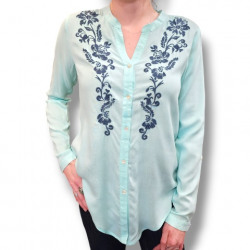 Roper Ladies Aqua Long Sleeve Embroidered Front Blouse