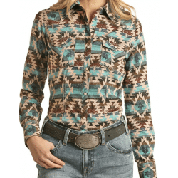 Rock & Roll Denim Ladies Long Sleeve Snap Turquoise Brown Aztec Shirt