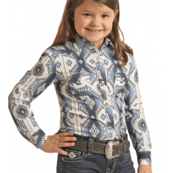 Rock & Roll Girls All Over Aztec Blue White Snap Western Shirt