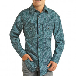 Rock & Roll Denim Boy's Turquoise Horseshoe Print Snap Western Shirt