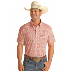 Panhandle Men's Short Sleeve Orange White Poplin Medallion Print Button Western Shirt
