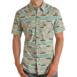 Rock & Roll Denim Men's Teal Aztec Print Short Sleeve Western Shirt
