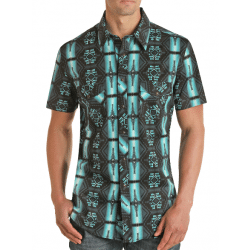 Rock & Roll Denim Men's Short Sleeve Snap Teal Aztec Western Shirt