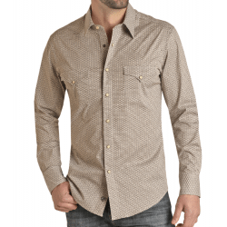Rock & Roll Denim Men's Long Sleeve Snap Taupe Geo Print Western Shirt