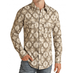 Rock & Roll Denim Men's Natural Brown Aztec Print Snap Long Sleeve Shirt