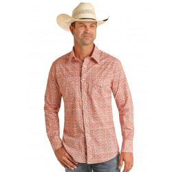 Panhandle Men's Orange White Poplin Medallion Print Snap Western Shirt