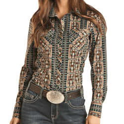 Rock and Roll Denim Ladies Long Sleeve Snap Teal Brown Western Shirt