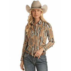 Rock And Roll Denim Ladies Long Sleeve Snap Shared Core Brown Shirt