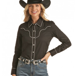 Rock & Roll Denim Ladies Snap Front Black Western Shirt With White Piping