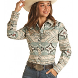 Panhandle Ladies Aqua Aztec Print Snap Western Shirt