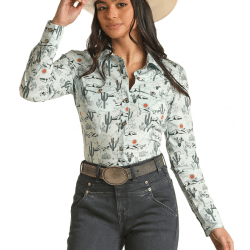 Rock & Roll Denim Ladies Snap Dale Brisby Cactus Print Mint Western Shirt