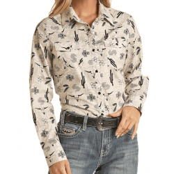 Rock and Roll Denim Ladies Long Sleeve Snap Conversational Print Western Shirt