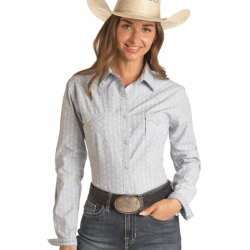 Rock & Roll Denim Ladies Blue White Strip Print Snap Western Shirt