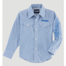 Wrangler Boy's Logo Long Sleeve Snap Blue White Western Shirt