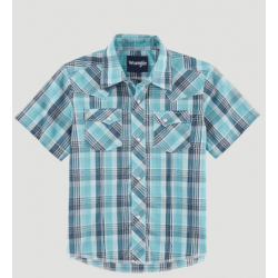 Wrangler Boy's Short Sleeves Snap Turquoise Blue Plaid Western Shirt