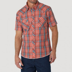 Wrangler Men's Red Teal Plaid Short Sleeve Snap Western Shirt