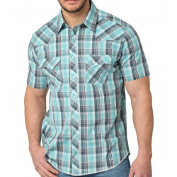 Wrangler Men's Modern Fit Navy Teal Plaid Snap Short Sleeve Shirt